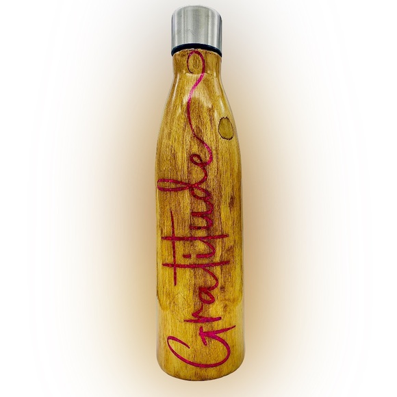Gratitude, 17oz epoxy water bottle, pink glitter inlays, hand painted wood grain - Picture 4 of 11